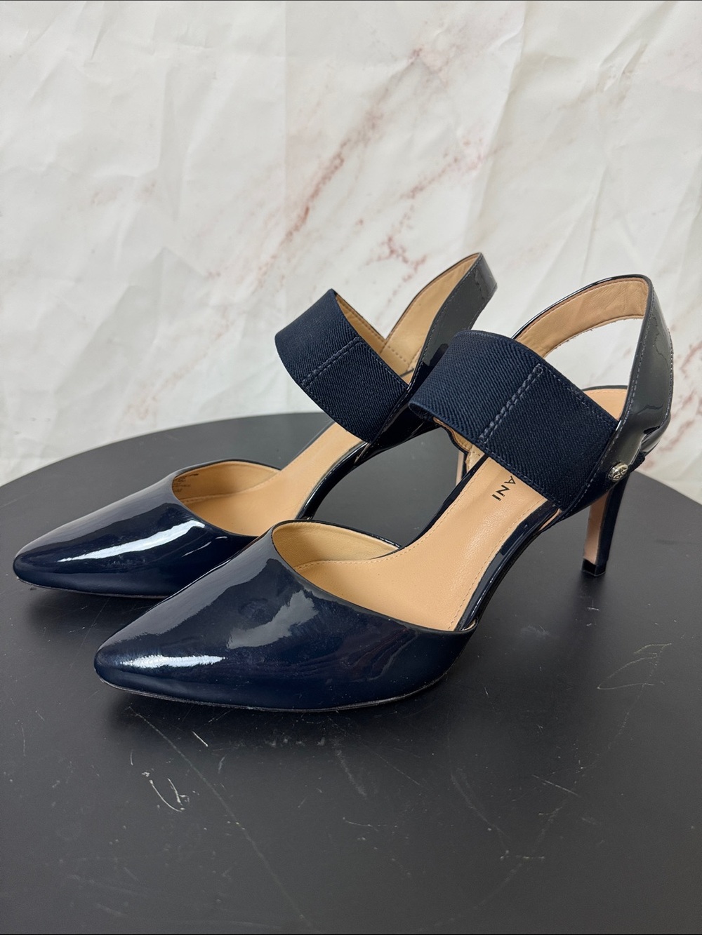 Antonio Melani Navy Patent Leather Pointed Toe Slingback Heels 8.5